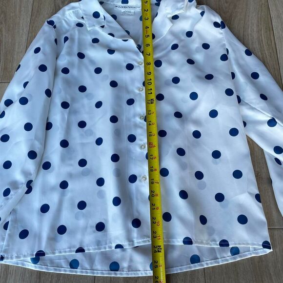 Retro White & Blue Women's Medium Polka Dot Blouse Semi Sheer Twee Vintage 80's - Picture 5 of 7